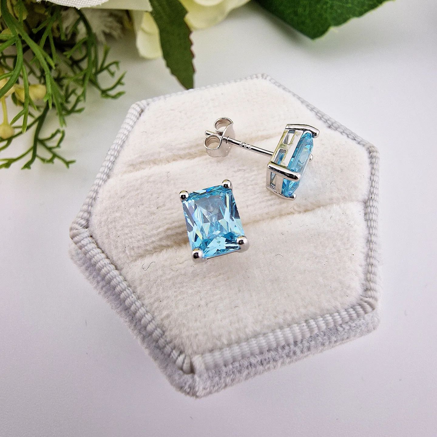 925 Sterling Silver Blue Topaz Cz Emerald Cut Studs