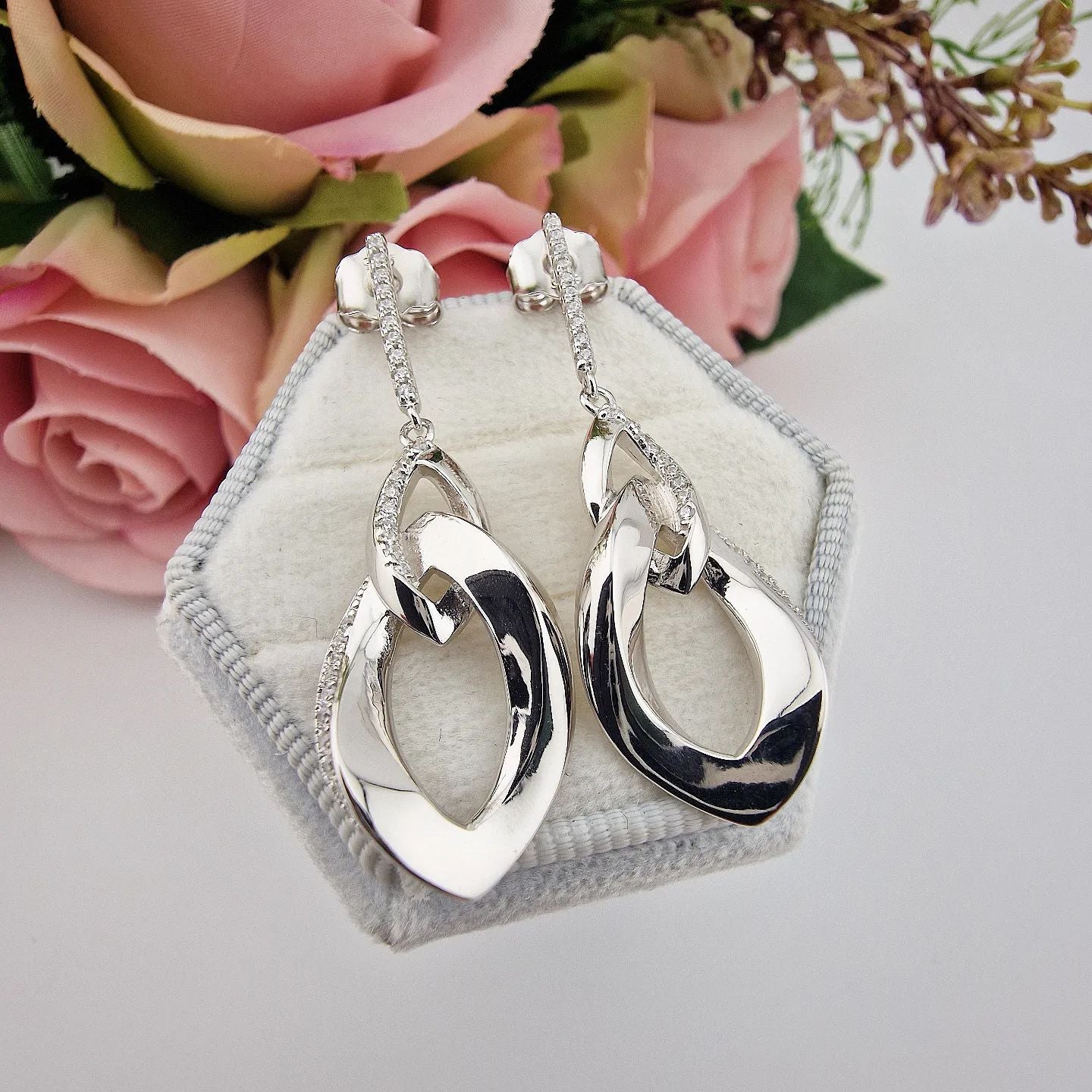 925 Sterling Silver Oval Drops with Cubic Zirconia Lining Earrings