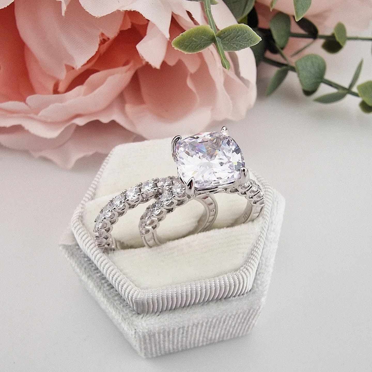 925 Sterling Silver Large Cushion Set Vintage Ring Set