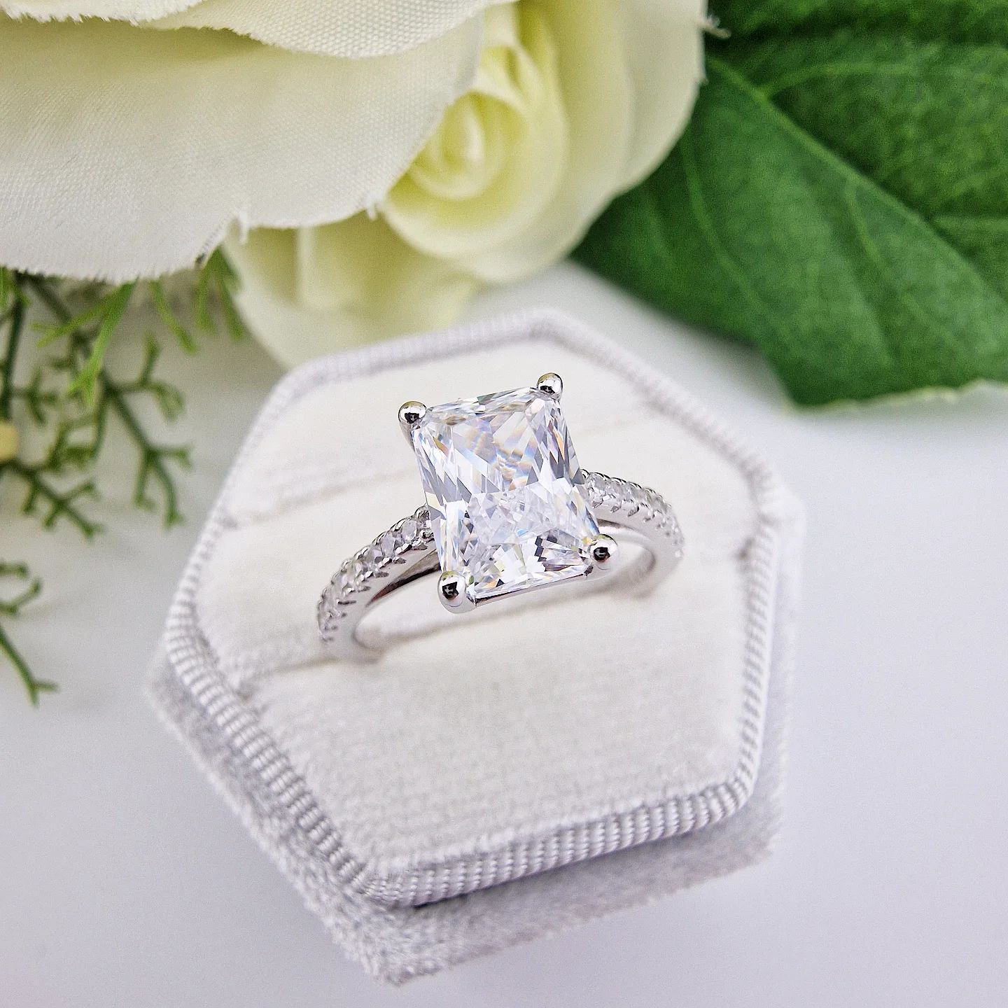 925 Sterling Silver Cz Emerald Cut with Round Cz Shoulders Ring