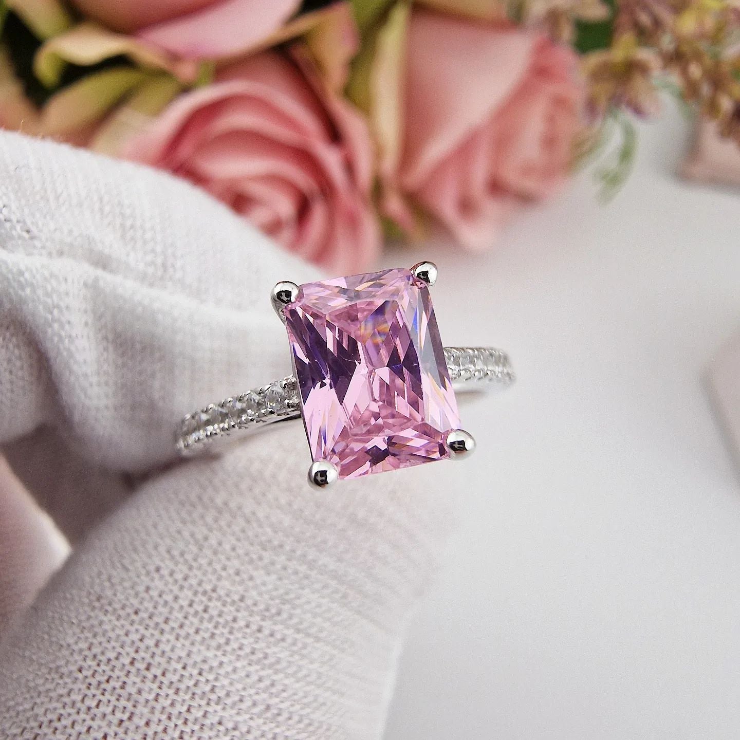 925 Sterling Silver Pink Emerald Cut Cz with Round Cz Shoulders Ring