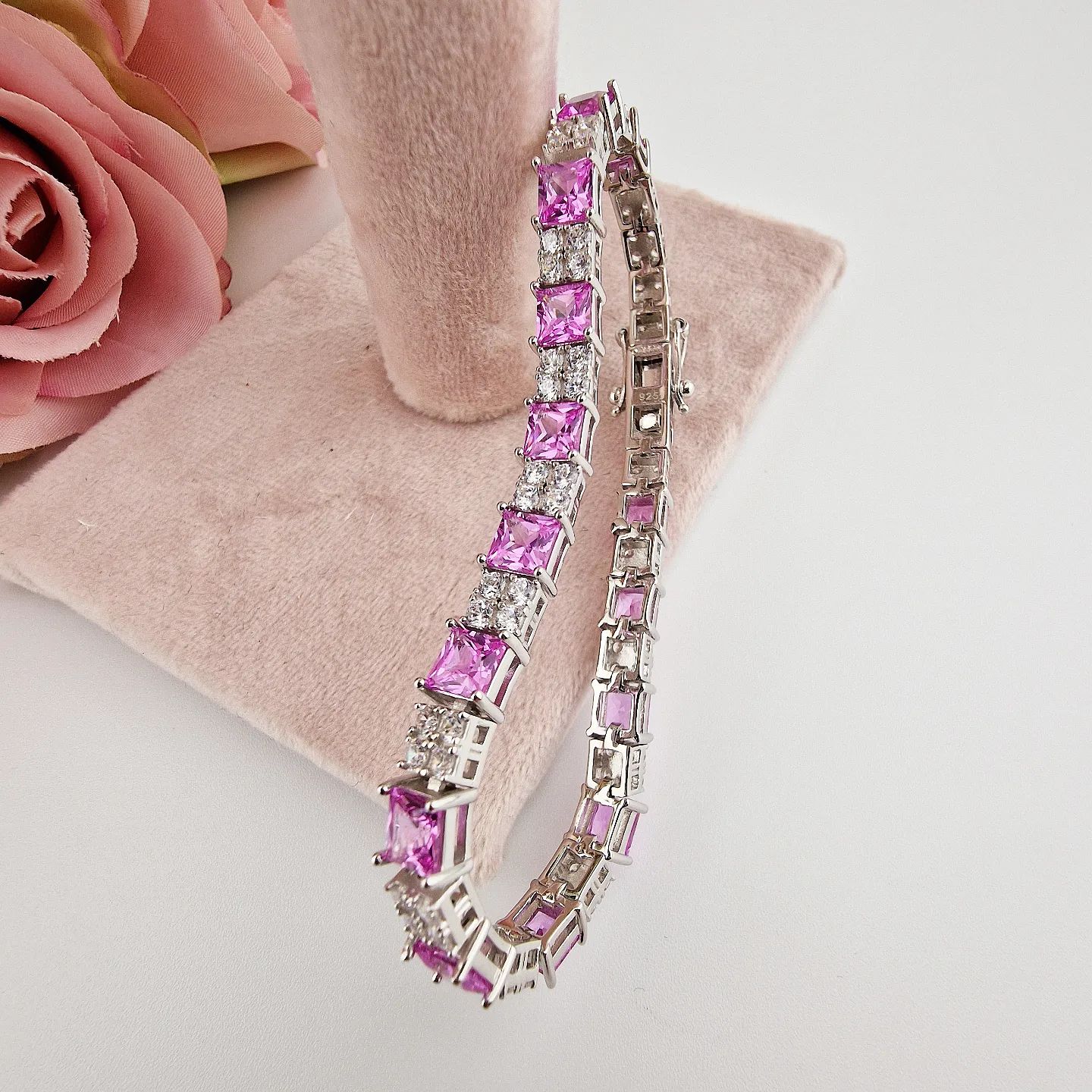 925 Sterling Silver Pink and Clear Cubic Zirconia Tennis Bracelet