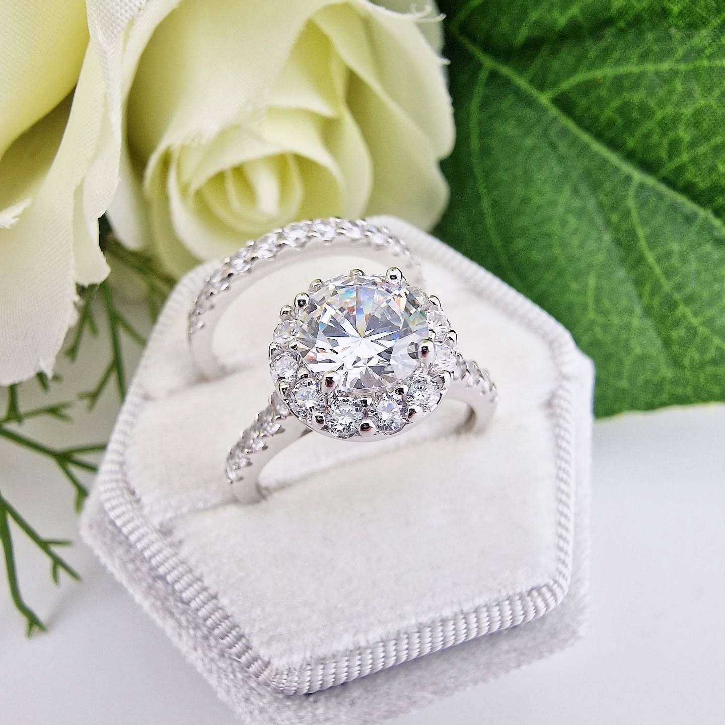 925 Sterling Silver Round Halo Bridal Set Cz Ring Set 