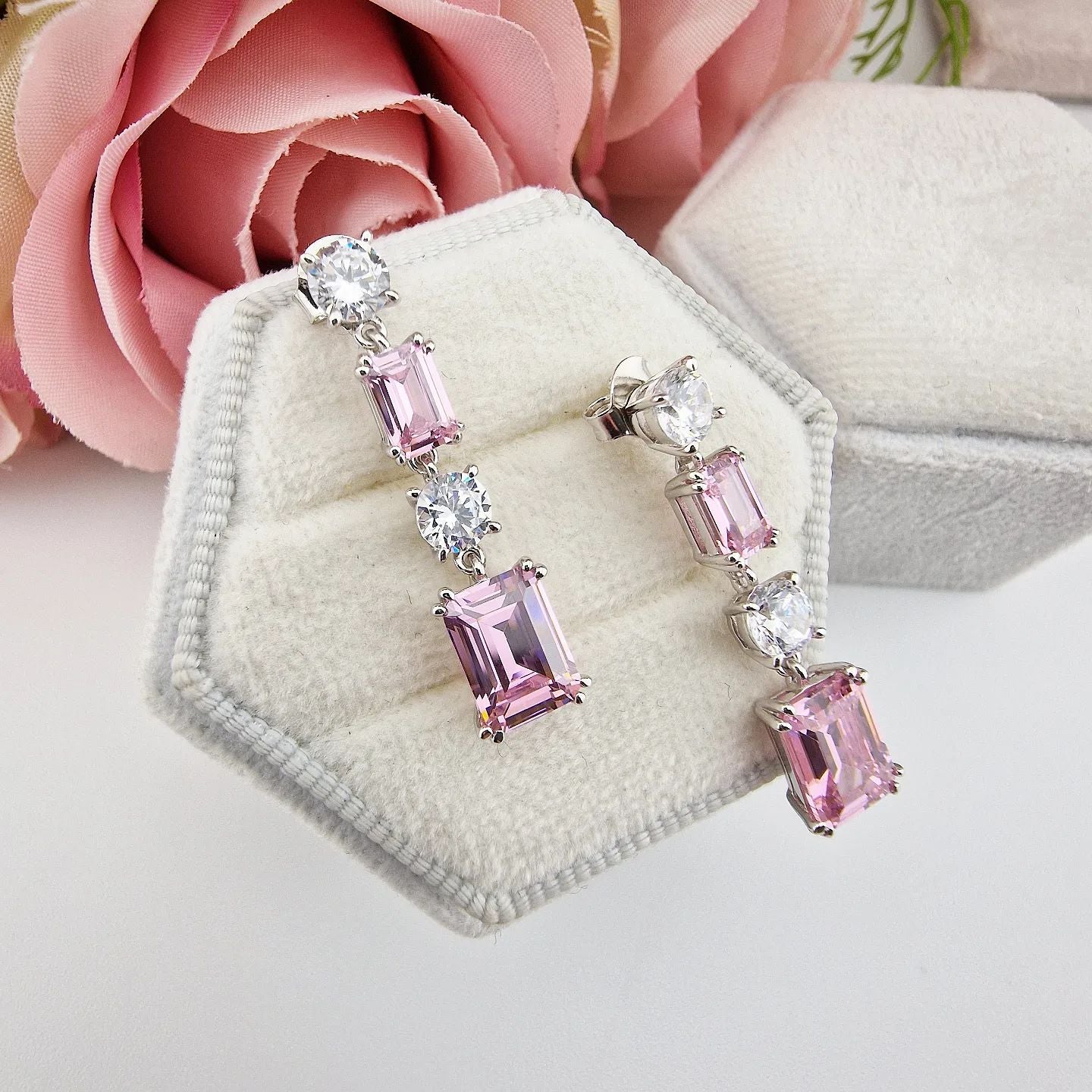 925 Sterling Silver Pink & Clear Cubic Zirconia Silver Drop Earrings - J-Jaz