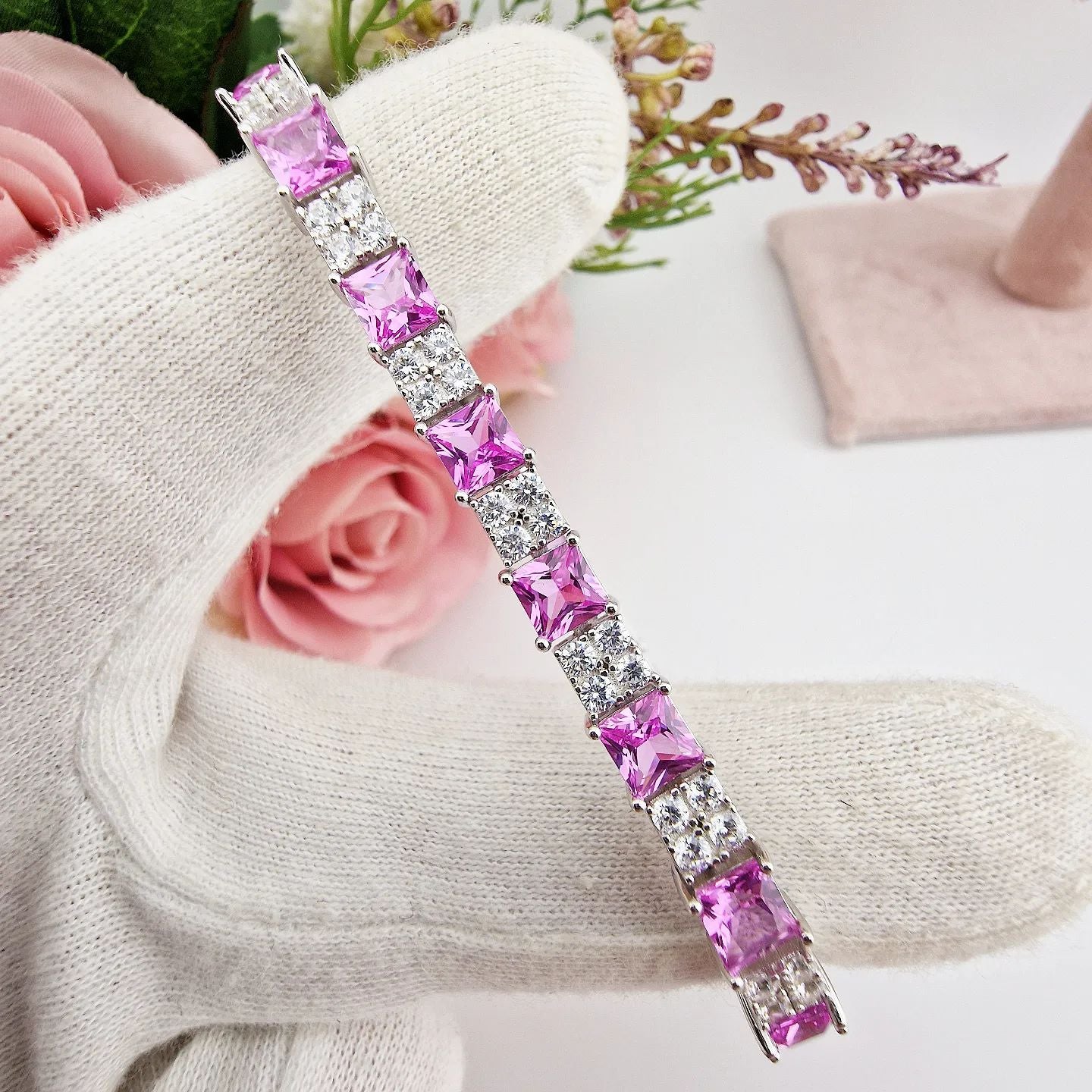 925 Sterling Silver Pink and Clear Cubic Zirconia Tennis Bracelet