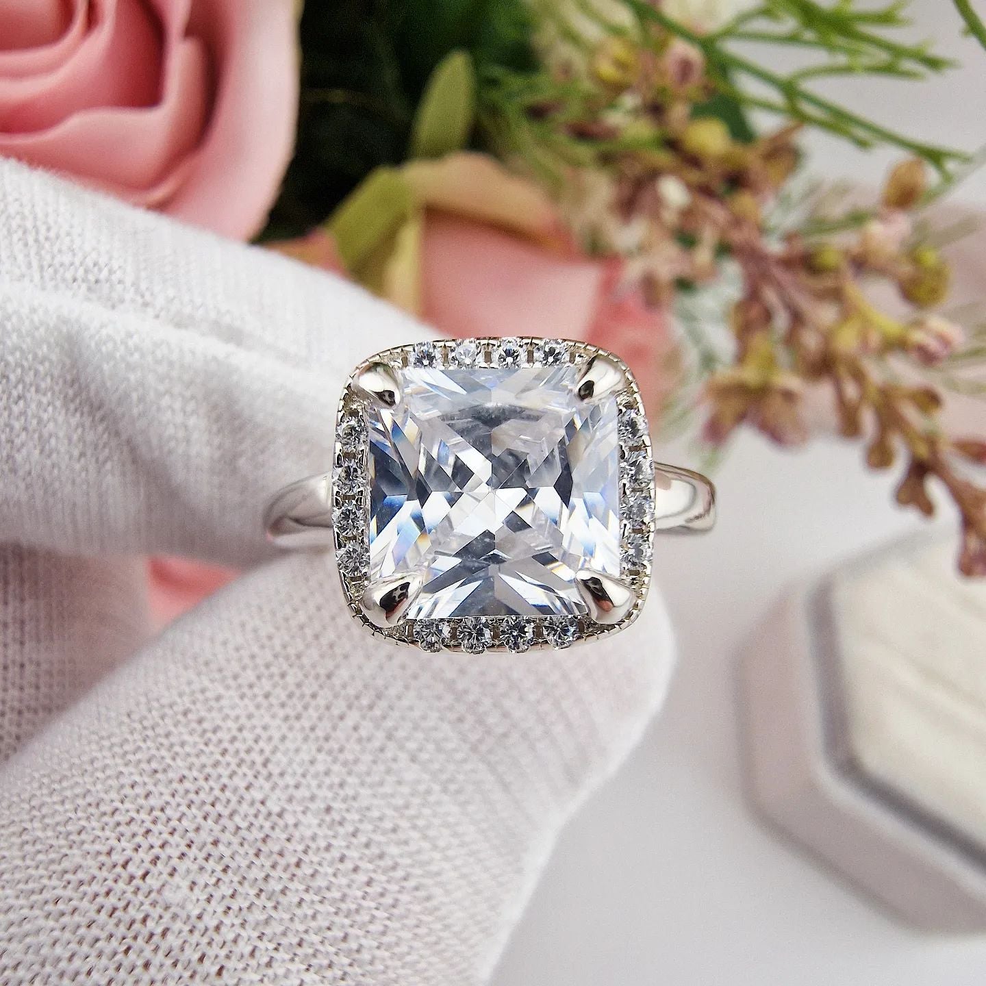 925 Sterling Silver Asscher Cut with Cz Surrounding Ring