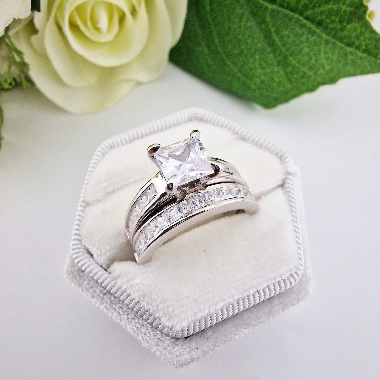 925 Sterling Silver Bridal Set Cz Princess Cut Rings 