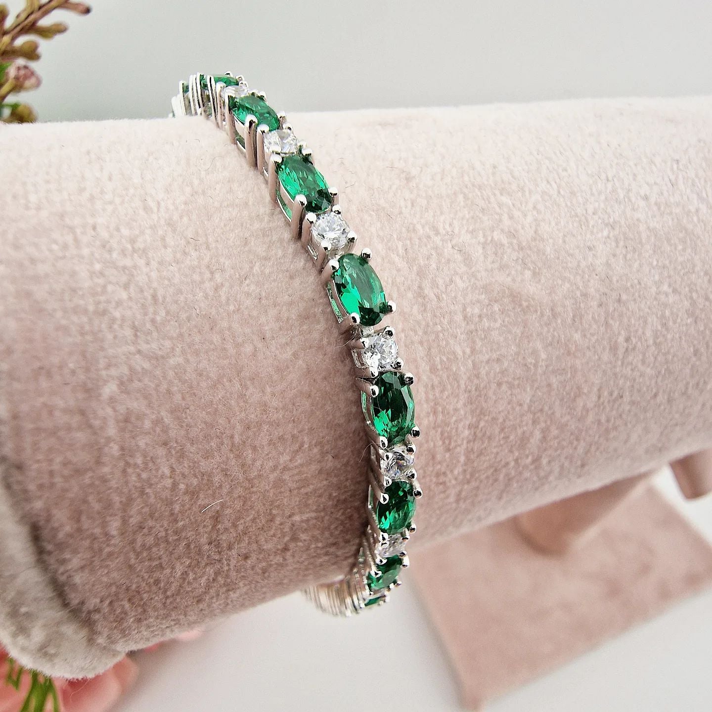 925 Sterling Silver Green & Clear Cubic Zirconia Tennis Bracelet