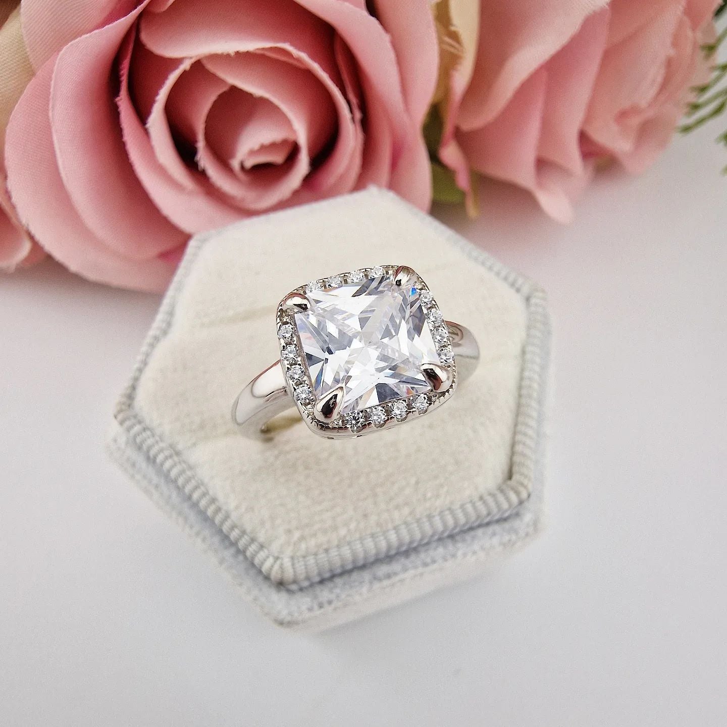 925 Sterling Silver Asscher Cut with Cz Surrounding Ring