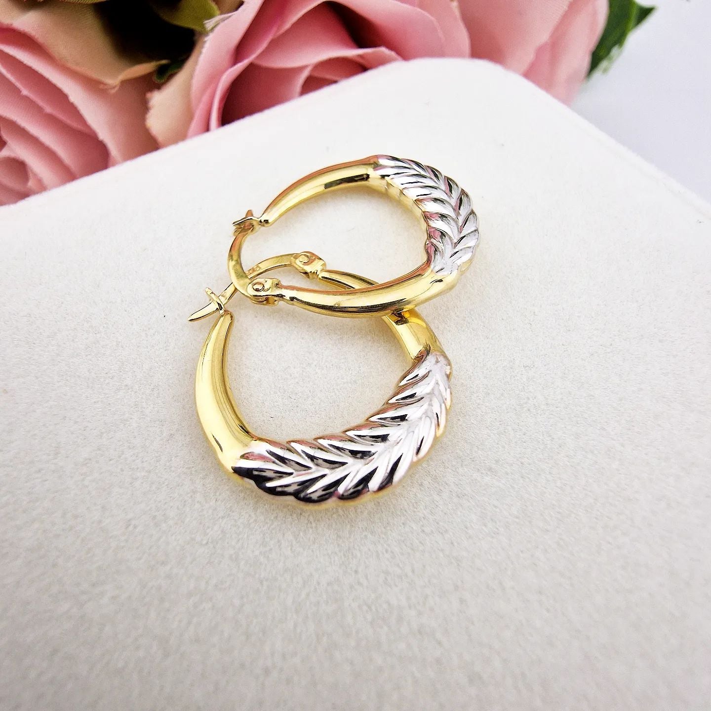 9ct Yellow & White Gold Barley Leaf Hoop Earrings