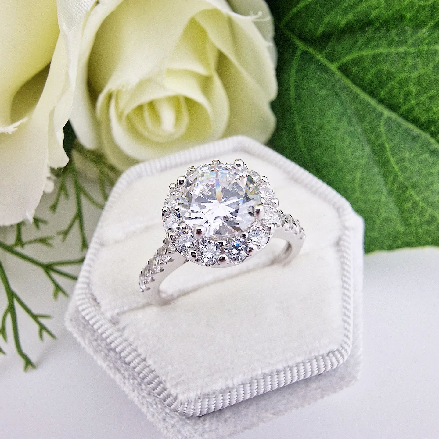 925 Sterling Silver Round Halo Bridal Set Cz Ring Set 