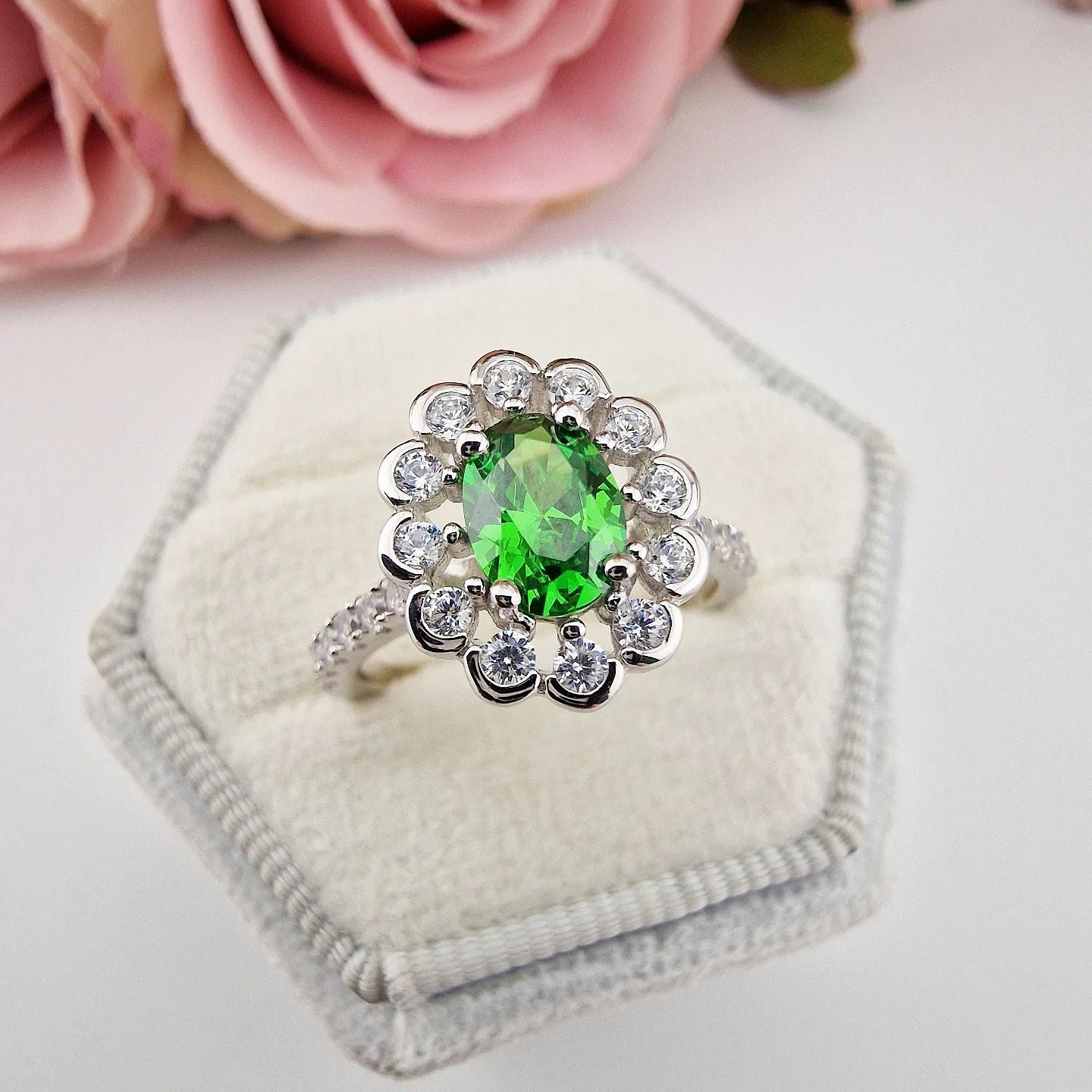 925 Sterling Silver Green Oval Cubic Zirconia Halo Ring