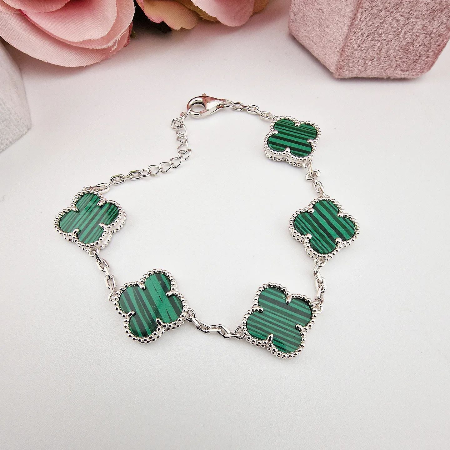 925 Sterling Silver Green Four Leaf Clover Bracelet