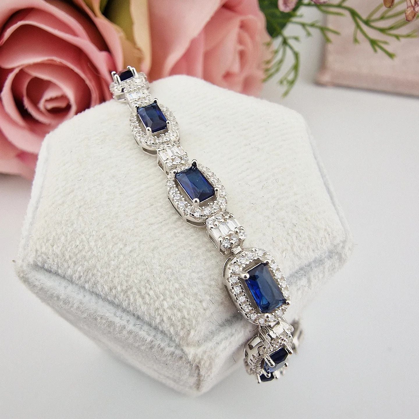 925 Sterling Silver Cubic Zirconia & Blue Halo Style Bracelet