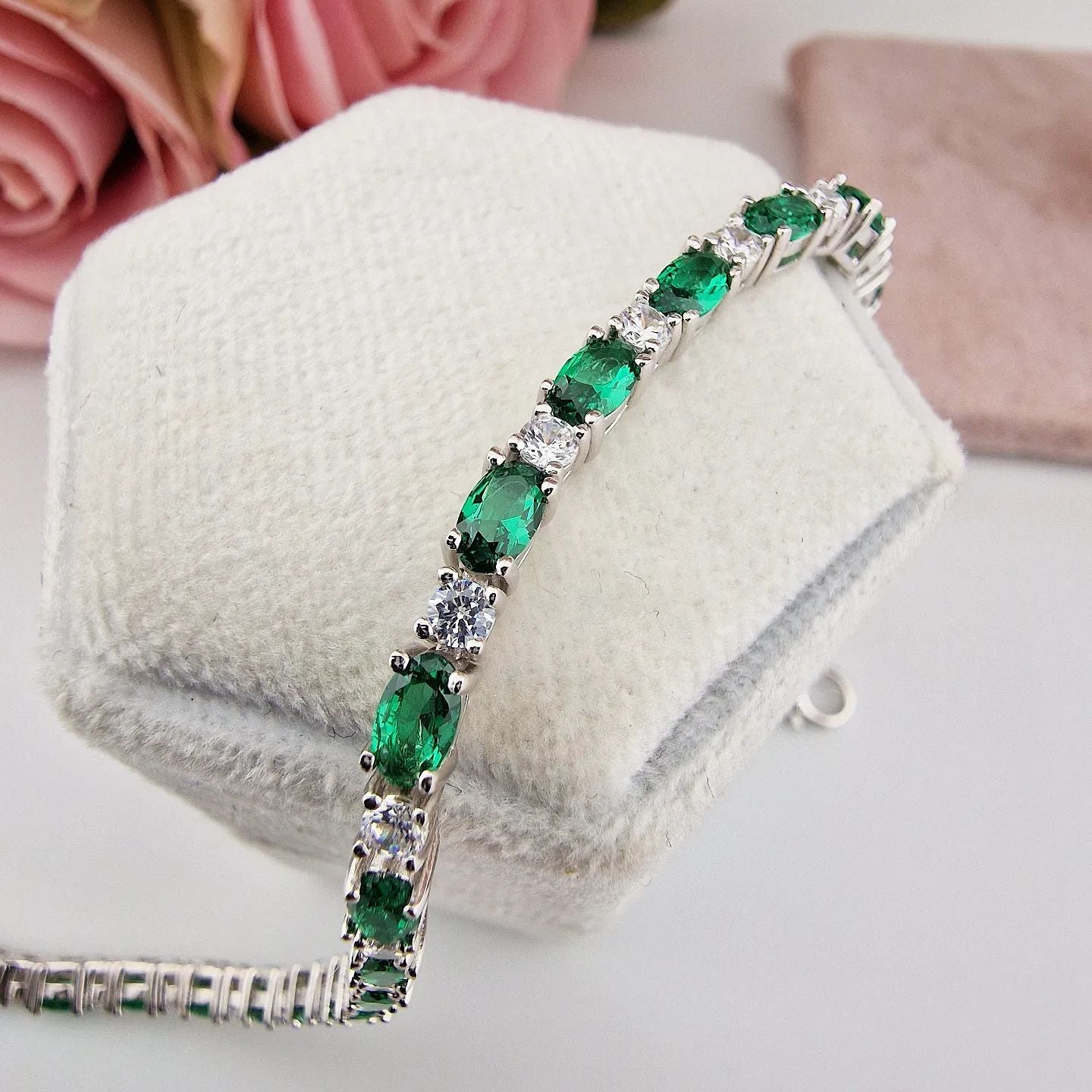 925 Sterling Silver Green & Clear Cubic Zirconia Tennis Bracelet