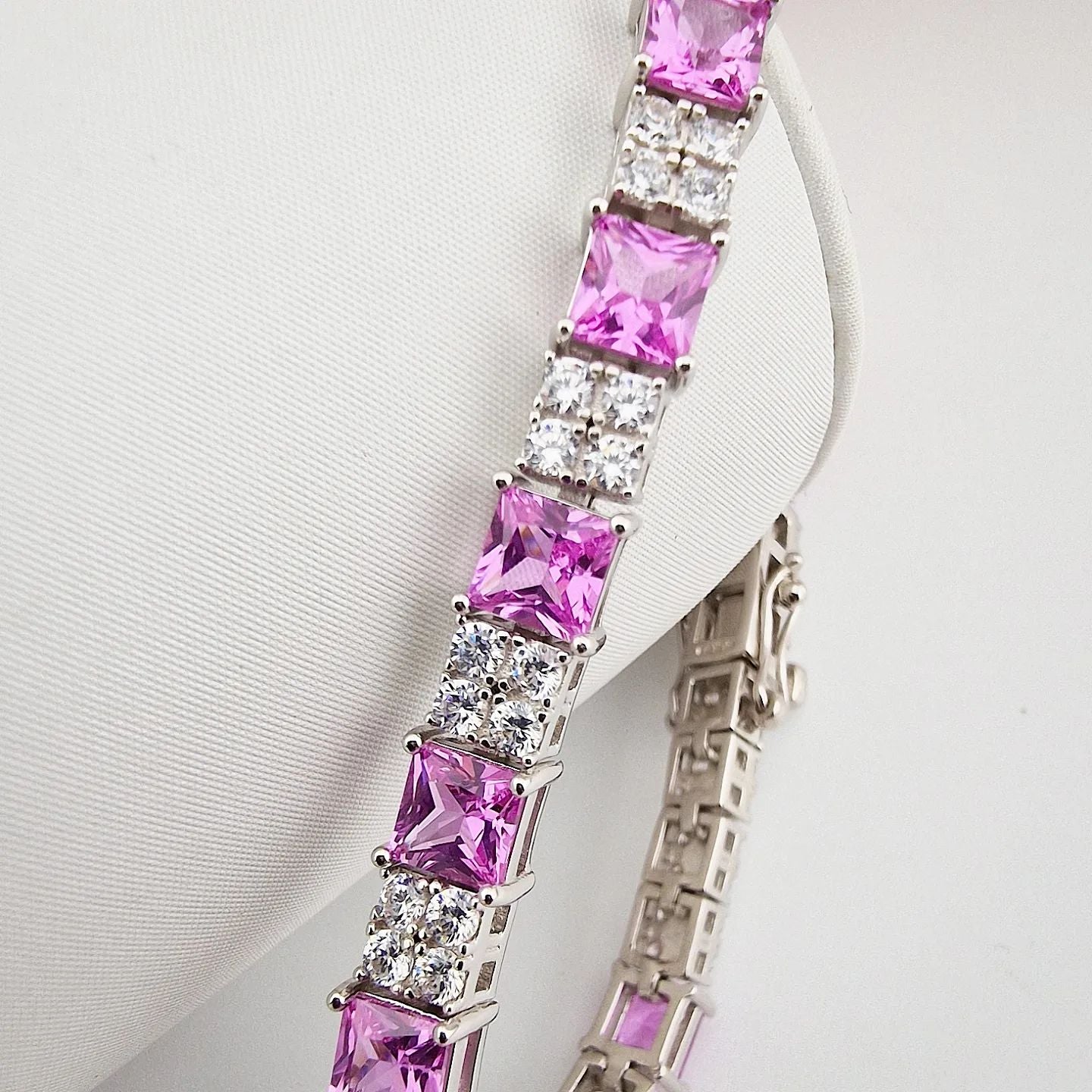 925 Sterling Silver Pink and Clear Cubic Zirconia Tennis Bracelet