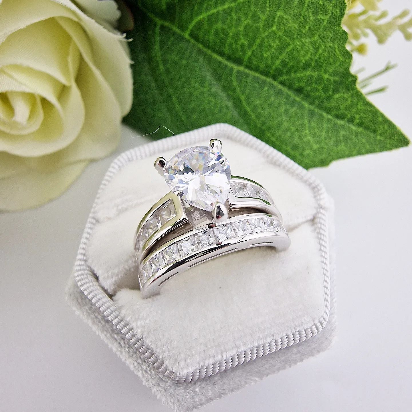 925 Sterling Silver Bridal Set, Pear Cz Centre Rings