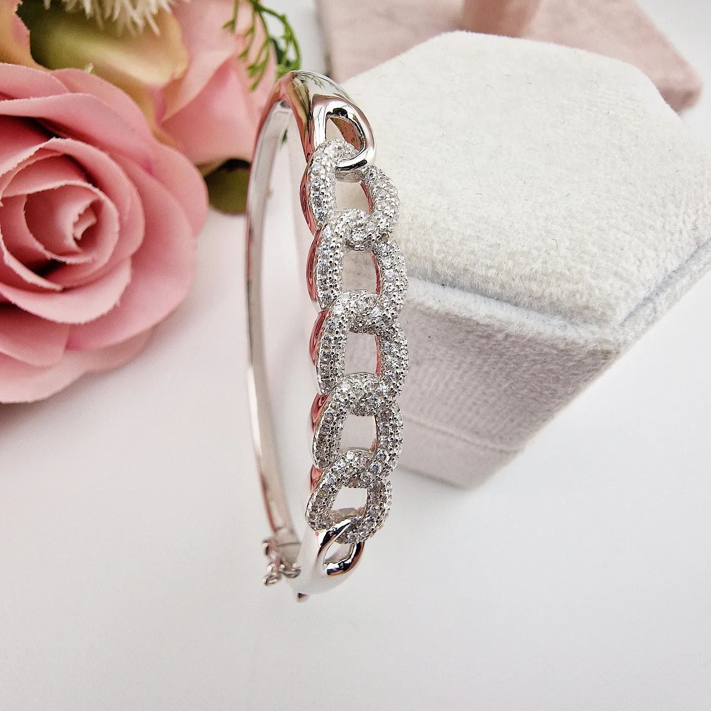 925 Sterling Silver Curb Link Style Cubic Zirconia Bangle