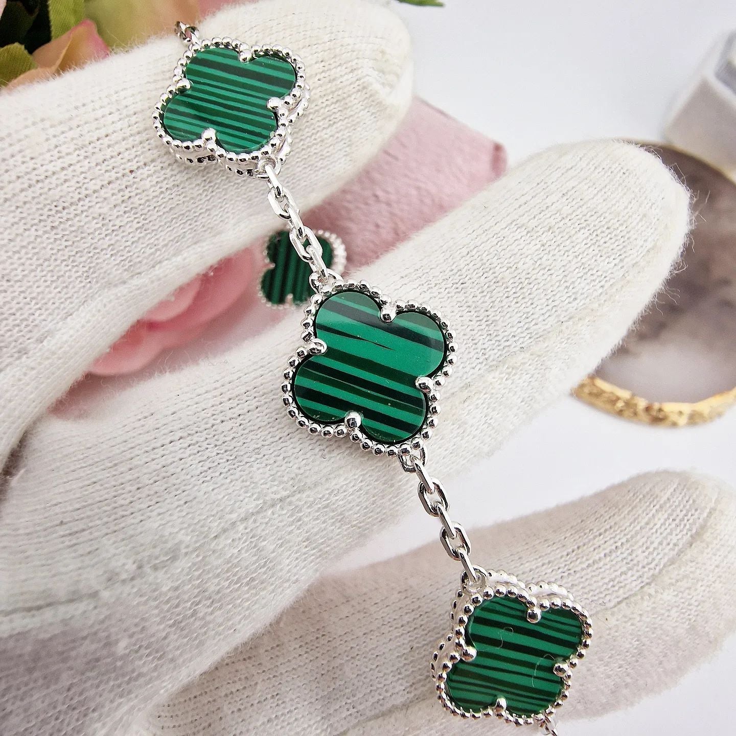 925 Sterling Silver Green Four Leaf Clover Bracelet