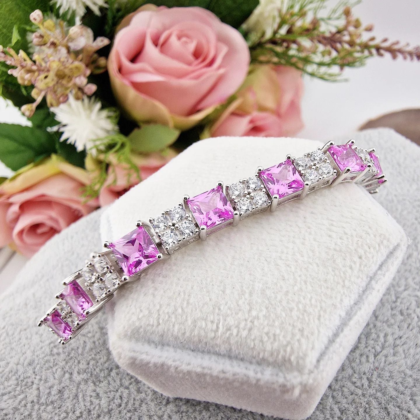 925 Sterling Silver Pink and Clear Cubic Zirconia Tennis Bracelet