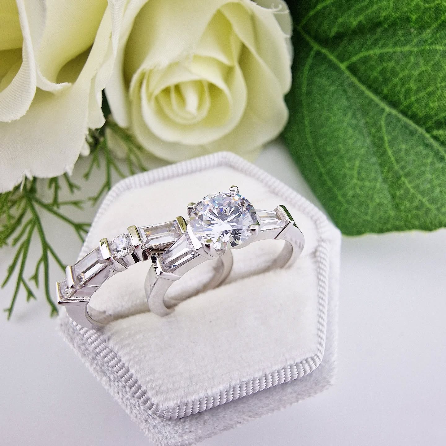 925 Sterling Silver Round & Baguette Cut Bridal Ring Set