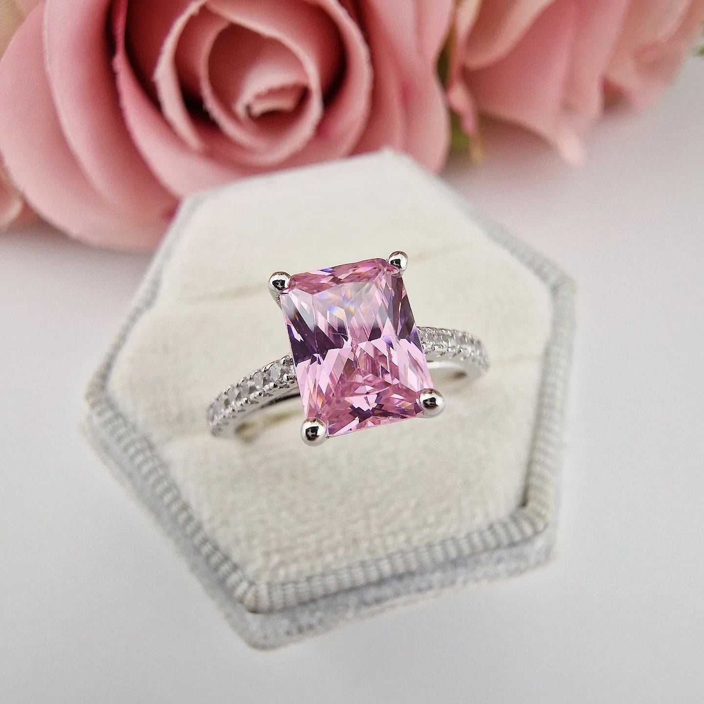 925 Sterling Silver Pink Emerald Cut Cz with Round Cz Shoulders Ring