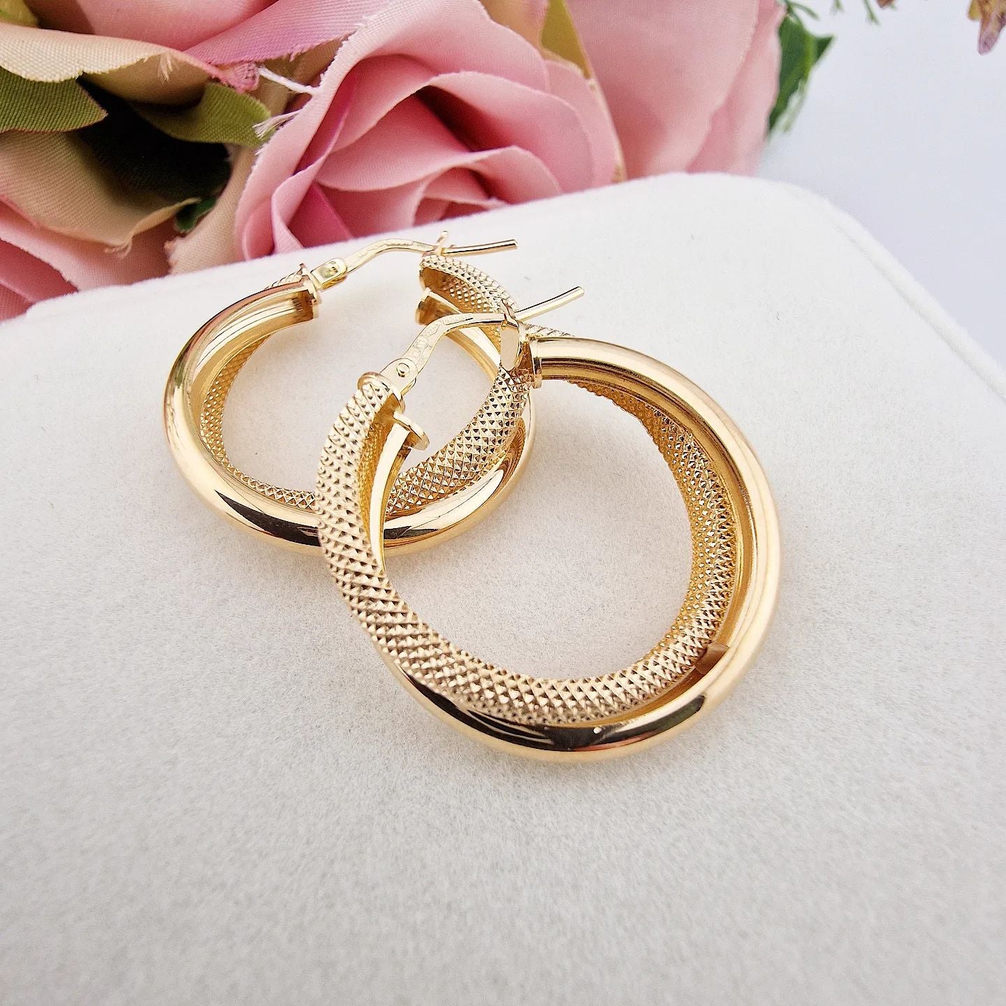 Yellow Gold Plain & Frosted Double Hoop Earrings