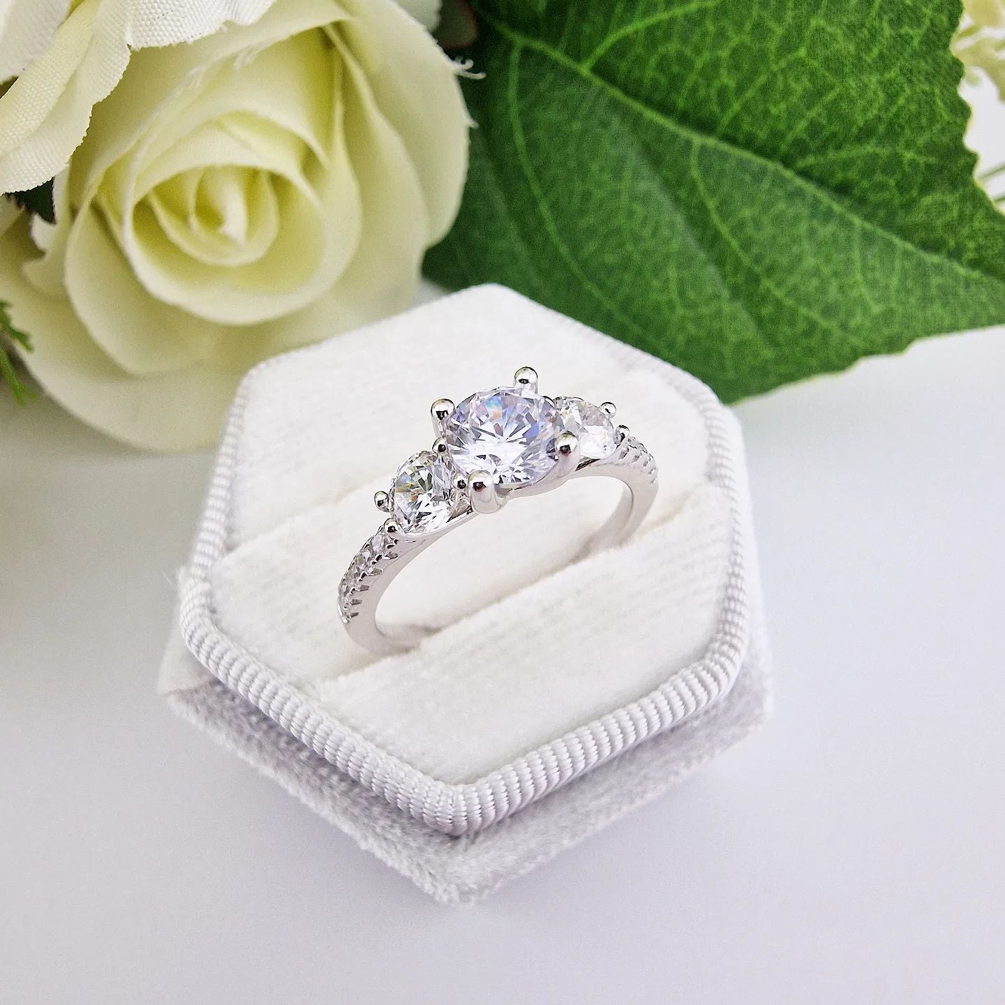 925 Sterling Silver Micro Pave' Trilogy Ring & Cz on Shoulder