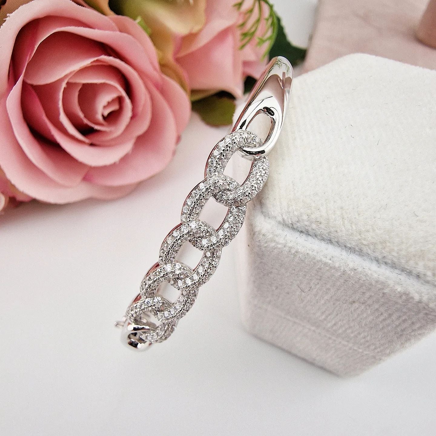 925 Sterling Silver Curb Link Style Cubic Zirconia Bangle