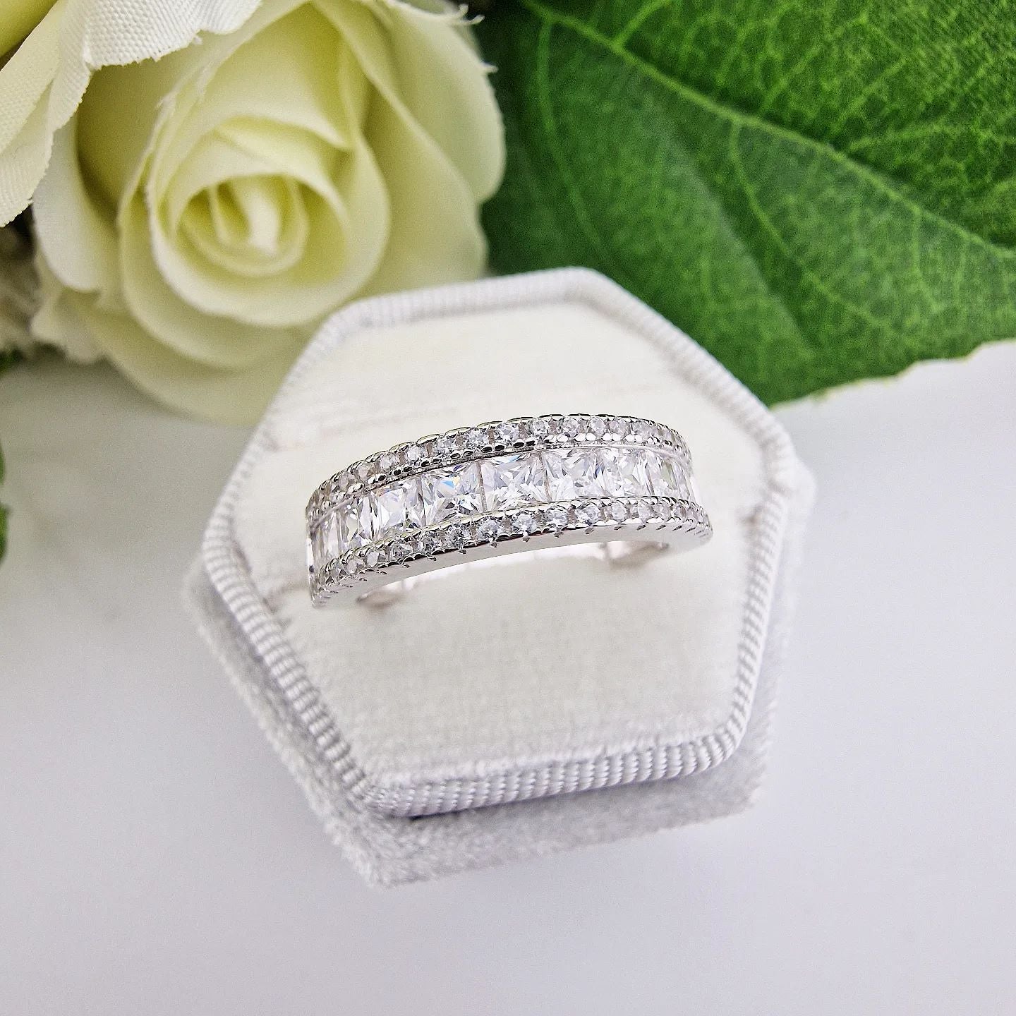 925 Sterling Silver Princess Cut & Round CZs Half ET Ring