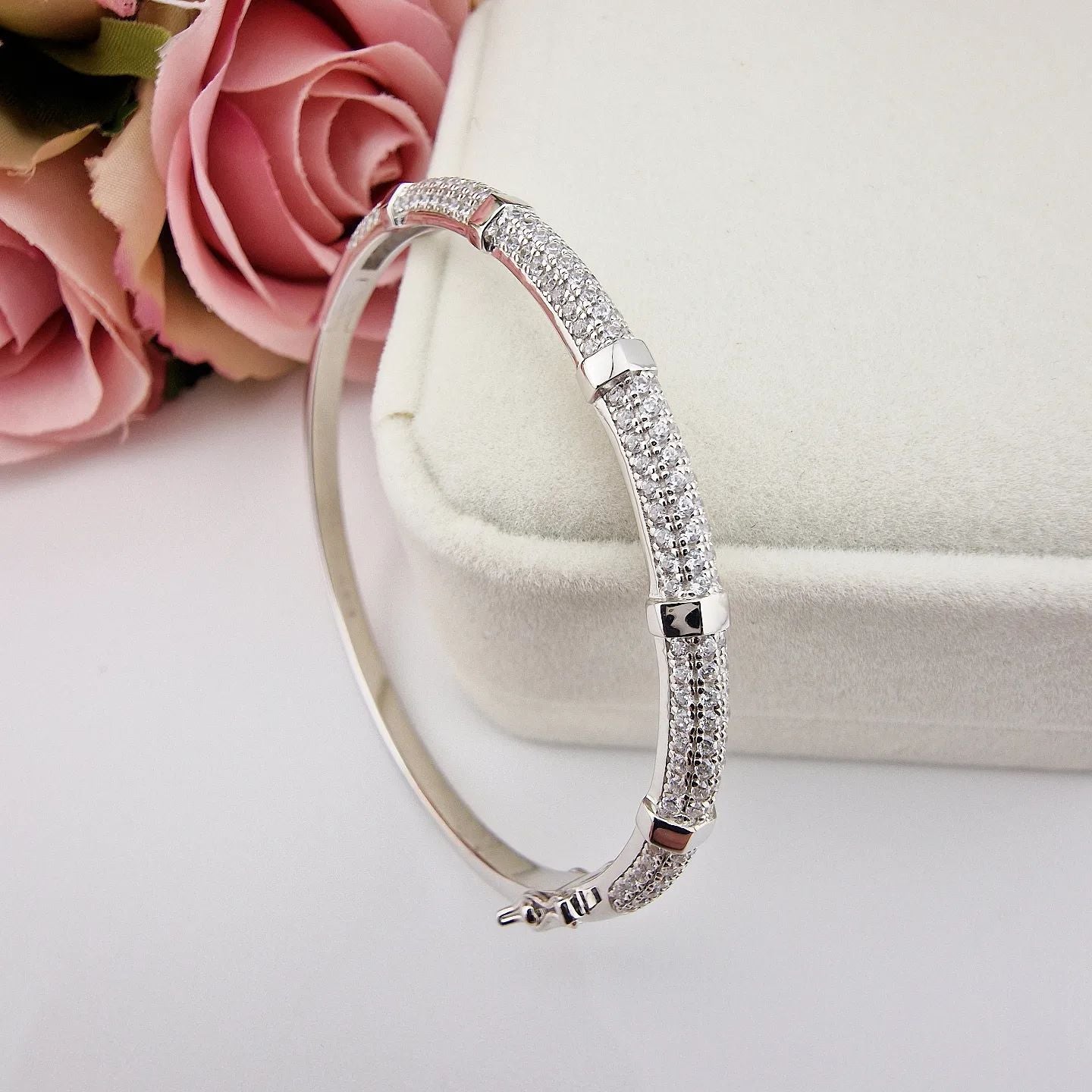 925 Sterling Silver Cubic Zirconia Bangle With Hex Nuts