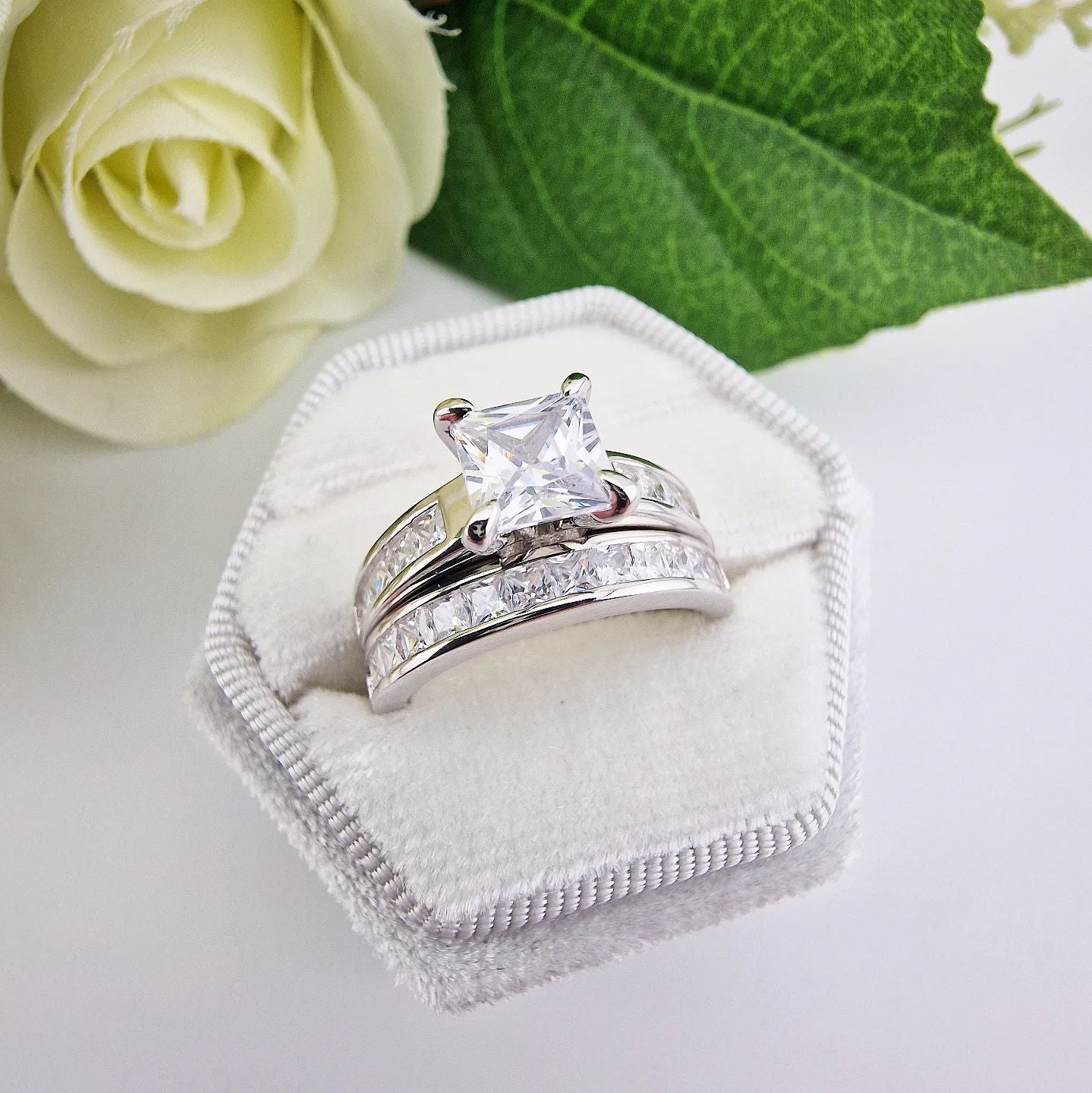 925 Sterling Silver Bridal Set Cz Princess Cut Rings 