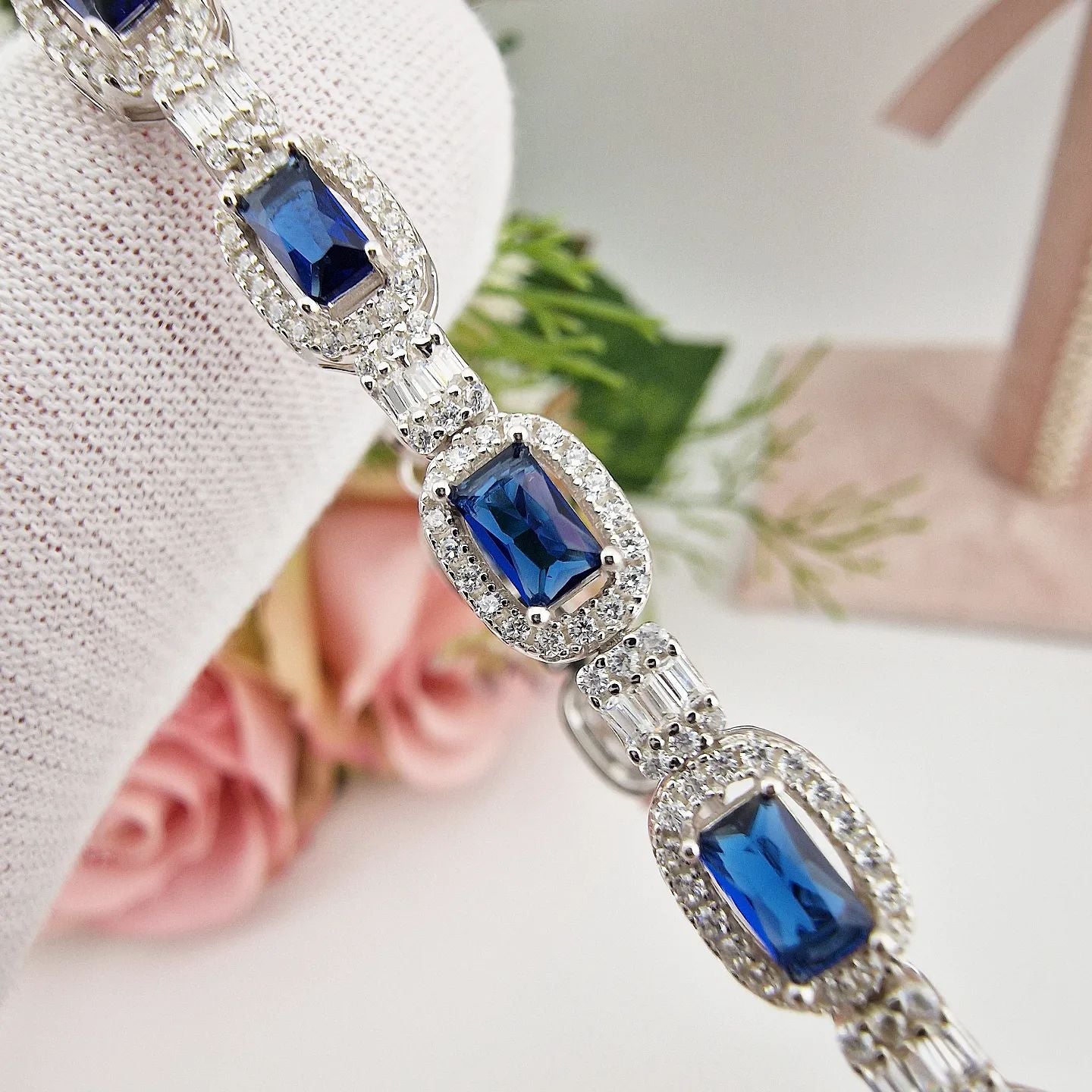 925 Sterling Silver Cubic Zirconia & Blue Halo Style Bracelet