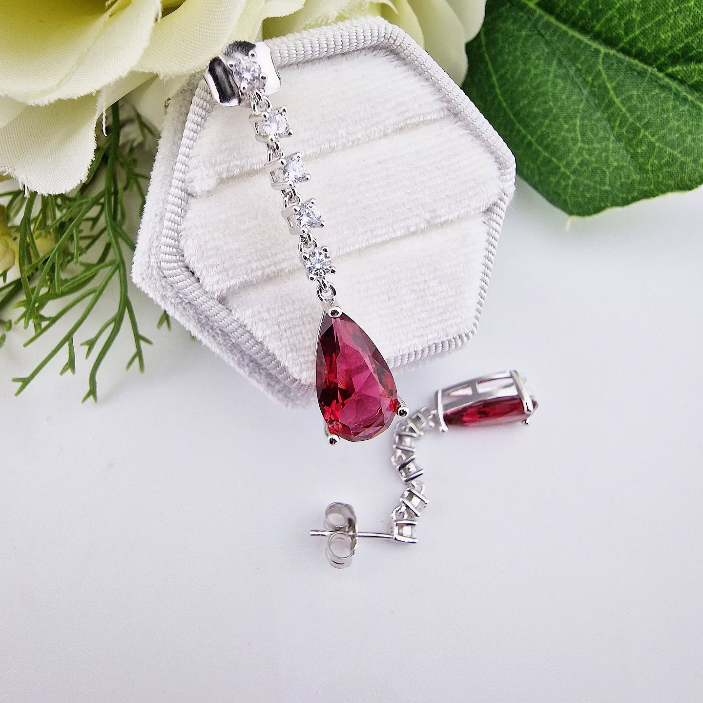 925 Sterling Silver Ruby Red Pear Shape Cubic Zirconia Drop Earrings