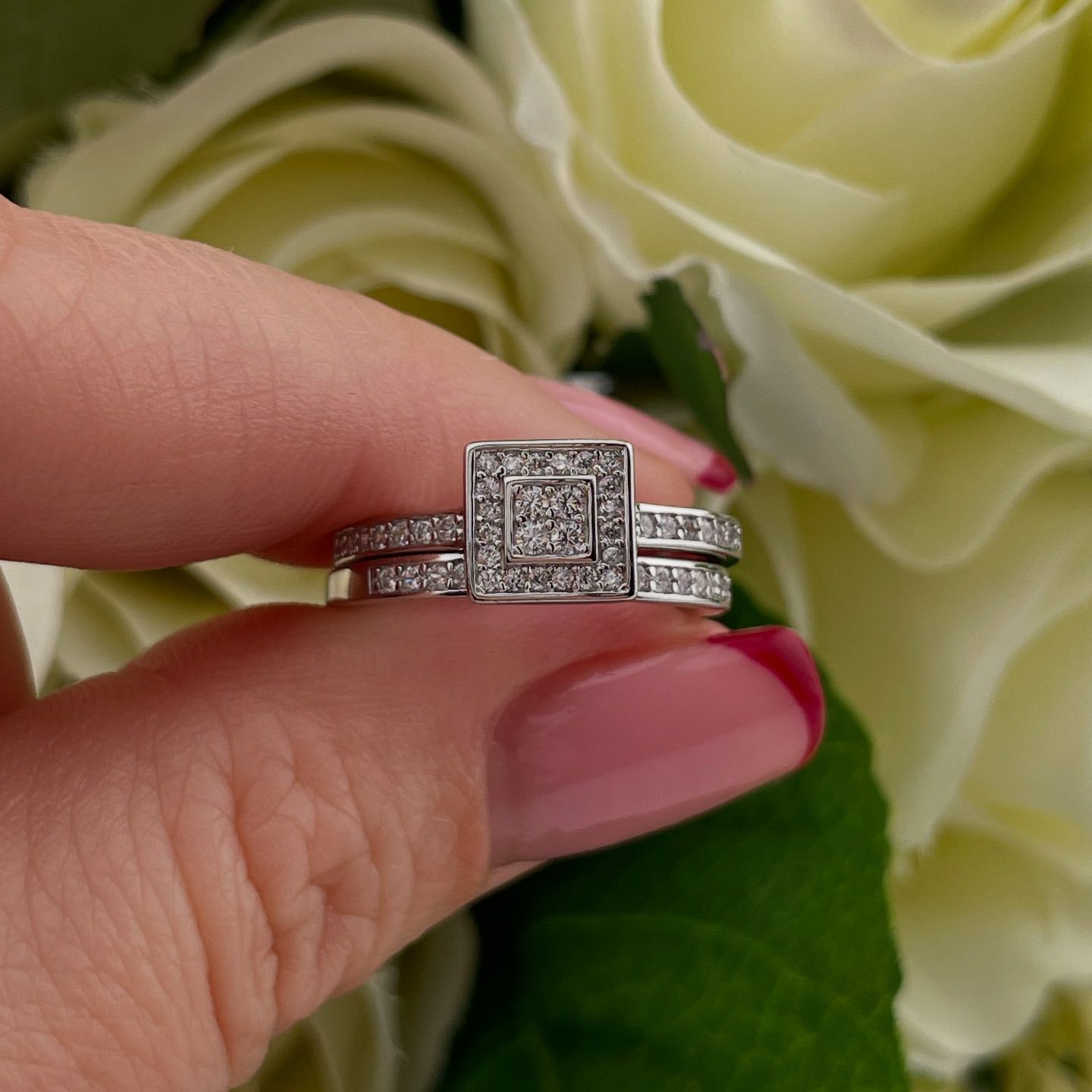 925 Sterling Silver Square Set Halo Cz Ring Set