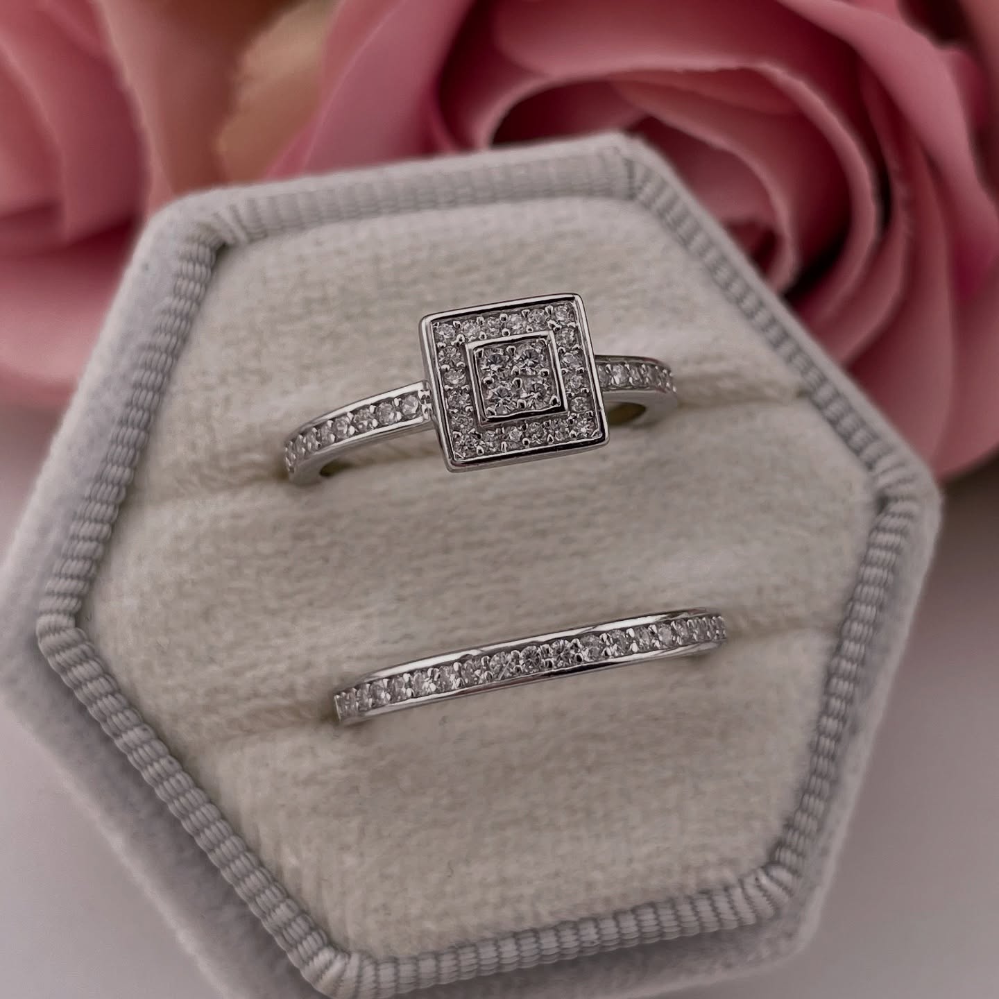 925 Sterling Silver Square Set Halo Cz Ring Set