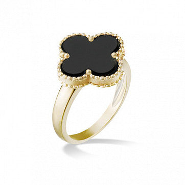 9ct Yellow Gold Onyx Clover Ladies Ring