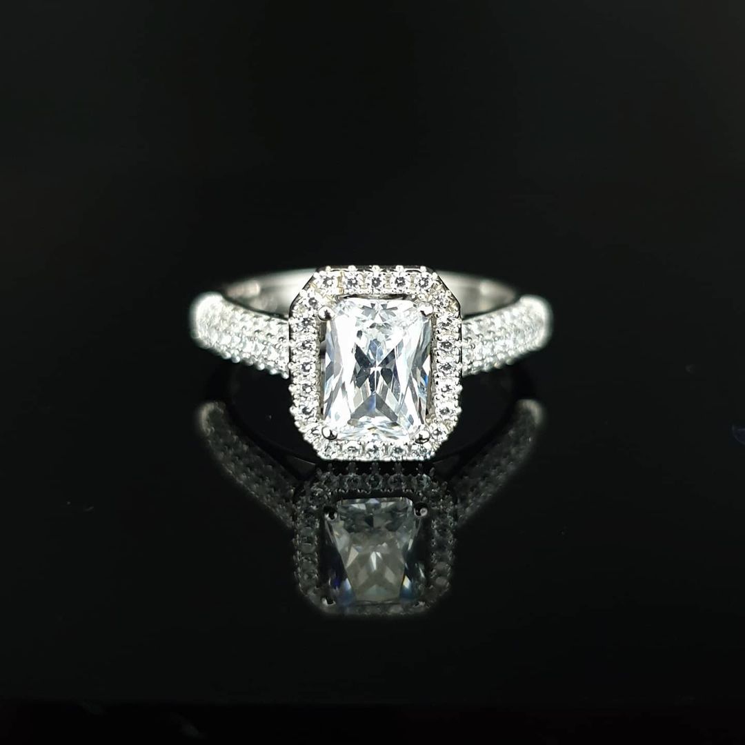 925 Sterling Silver Micro Pave' Emerald Cut Centre with Shoulder Cz's ...