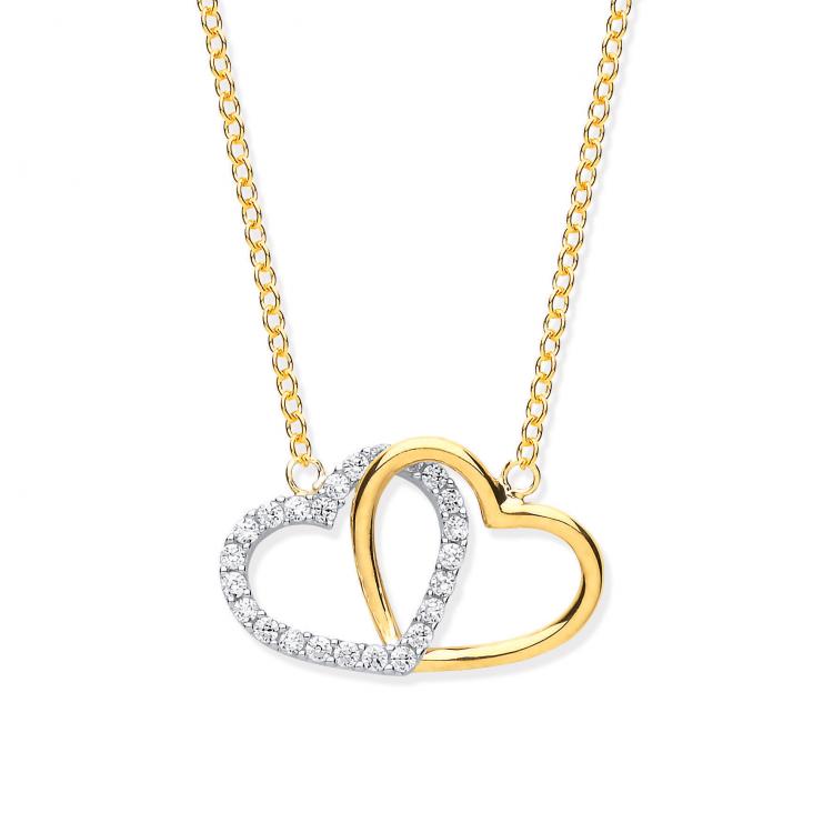 9ct Yellow Gold Plain and Cubic Zirconia Joined Hearts Pendant on 18" Chain