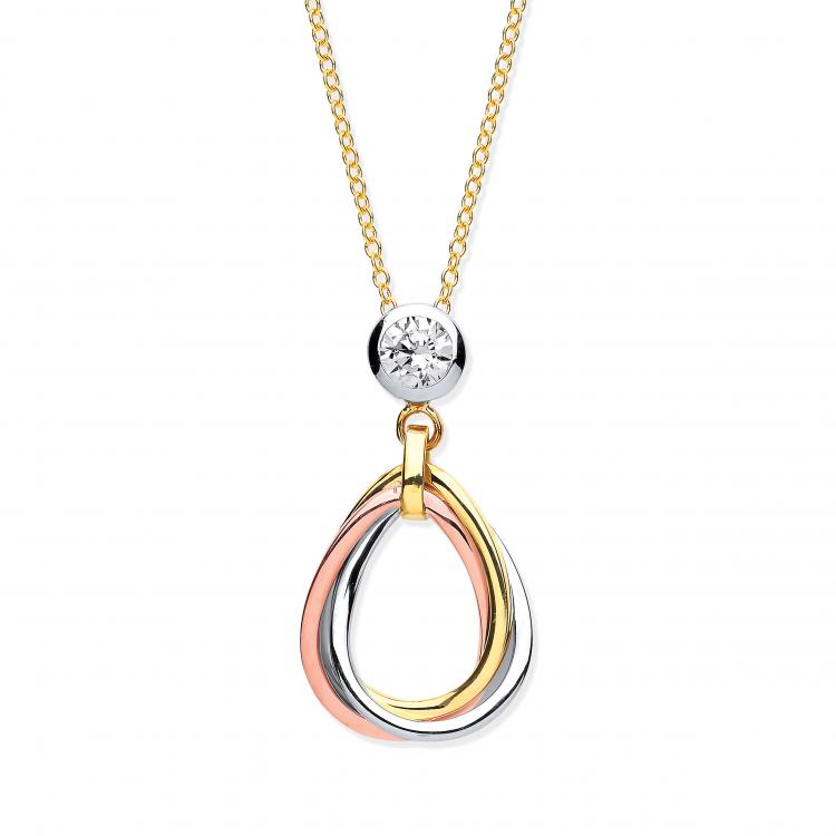 9ct Yellow, White & Rose Gold Tear Drop Tubes Pendant on 18" Chain