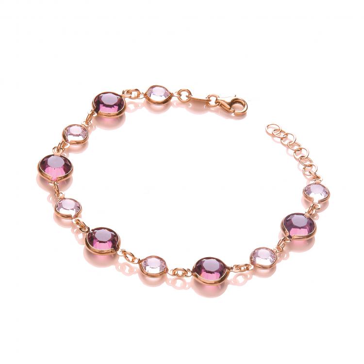 925 Sterling Silver Purple, Pink Stones, Silver Rose Coated Bracelet