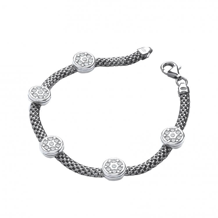 J-JAZ 925 Sterling Silver Ruthenium Mesh with Five Circles Cz's 7"/19cm Bracelet