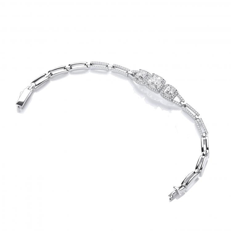 925 Sterling Silver Micro Pave' Trilogy Princess Cut Cz's 7"/19cm Bracelet