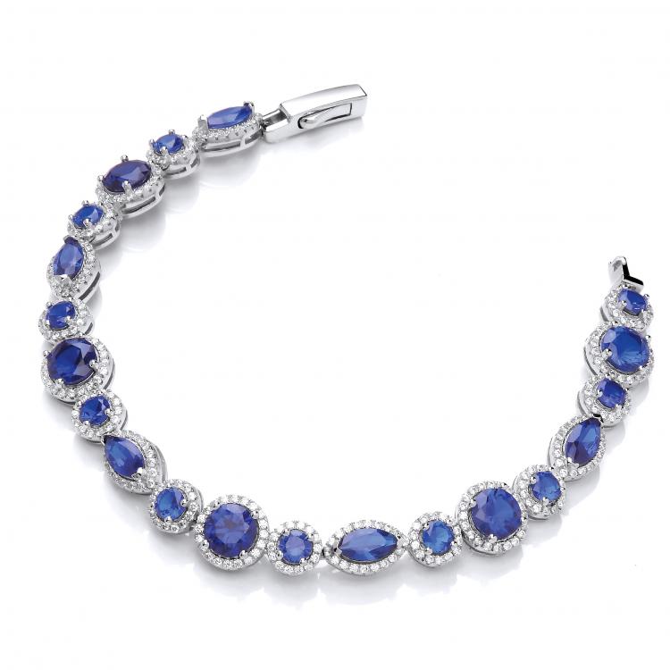 925 Sterling Silver Marquise & Rounds Sapphire Blue & Clear CZ Tennis Bracelet J-Jaz