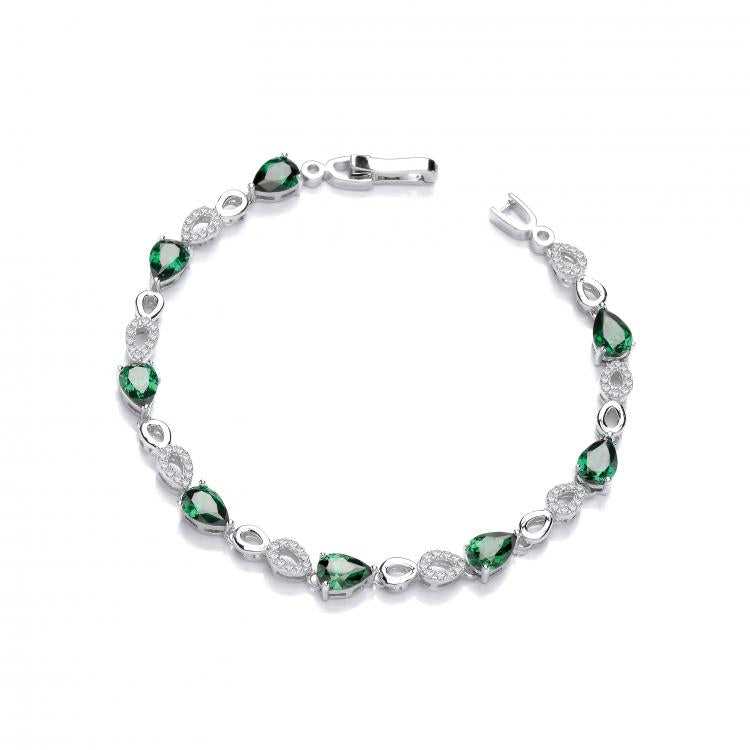 925 Sterling Silver Green Teardrop CZ's Silver Ladies Bracelet