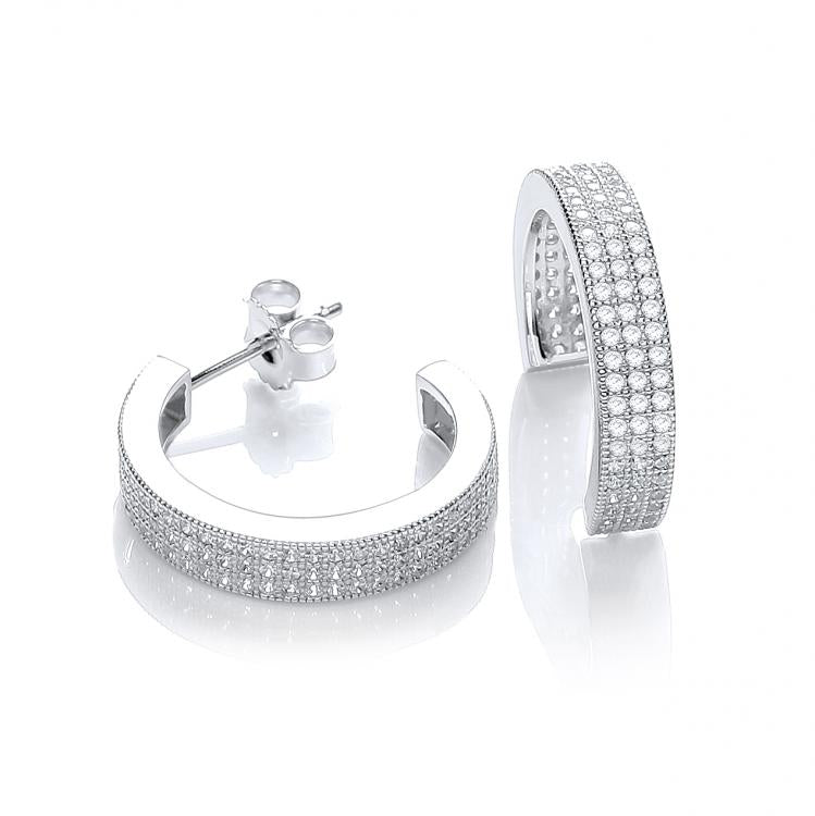 925 Sterling Silver Micro Pave' Square Cz Half Tube Hoop Earrings