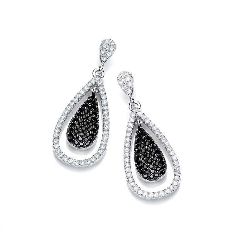 J-JAZ 925 Sterling Silver Pear Shaped Micro Pave' Black & White CZ Drop Earrings