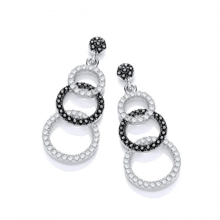 925 Sterling Silver Circles Micro Pave' Black & White CZ Drop Earrings