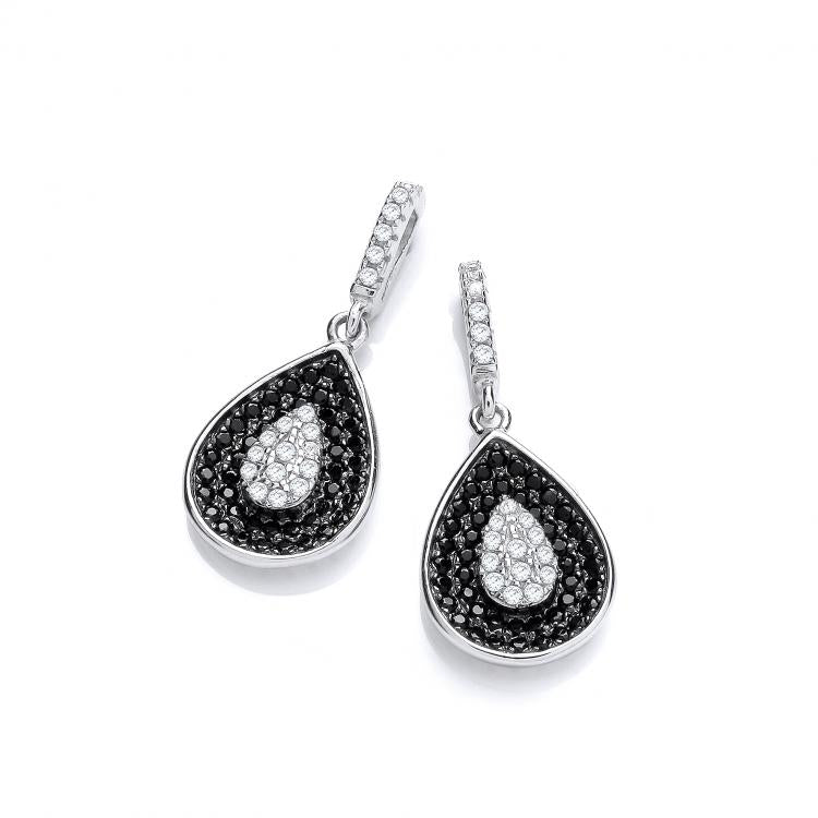 J-JAZ 925 Sterling Silver Micro Pave' Black & Clear Cz Teardrop Shape Earrings