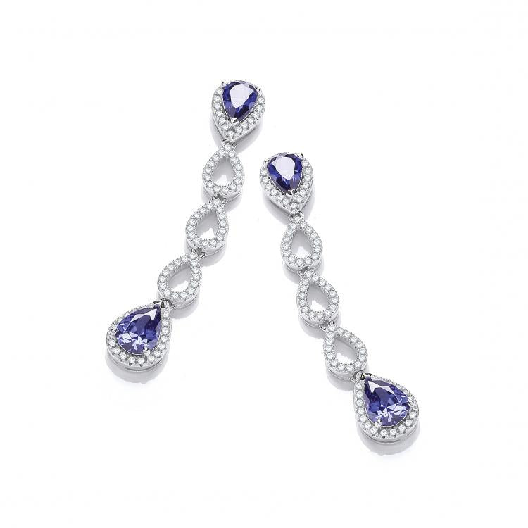 925 Sterling Silver Micro Pave' Blue Teardrop & Clear Cz Earrings